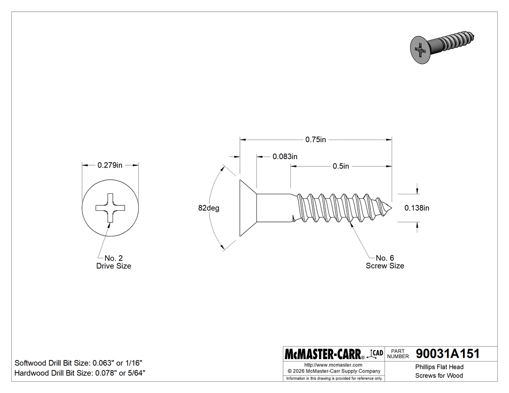 Technical Drawing of Phillips Flat Head Screws for Wood, Zinc-Plated Steel, Number 6 Size, 3/4" Long.